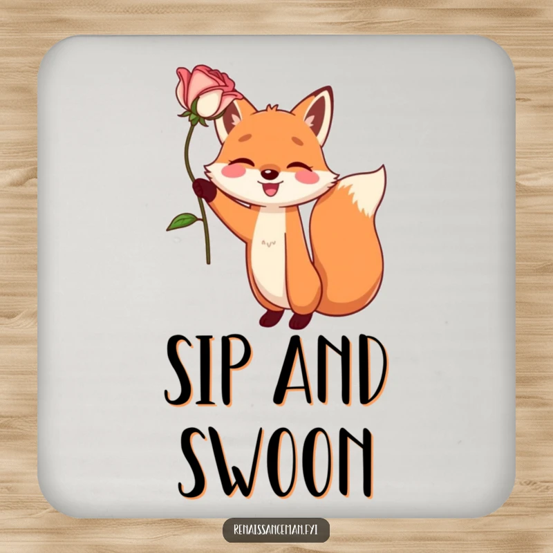 Funny drink coaster with a happy fox character dramatically holding a single, perfect rose aloft. Protects surfaces with humor.