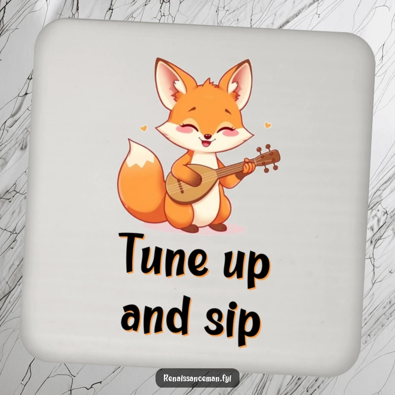 Funny drink coasters featuring a cheerful fox playing a tiny lute, adding musical charm and humor to tabletops.