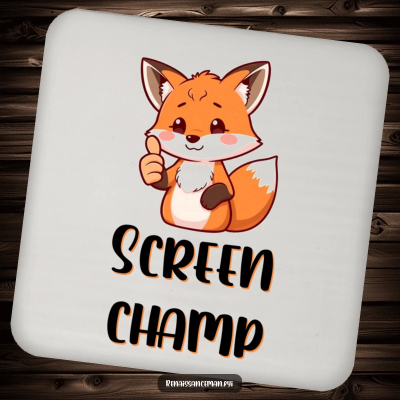 Funny fox coaster featuring a proud fox giving a thumbs up to a screen, ideal for protecting surfaces with humor.