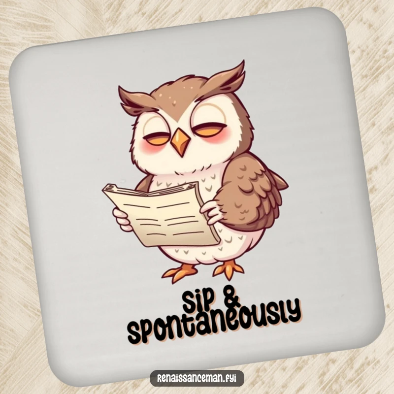 Funny coaster featuring a giggling owl poet, adding a touch of literary humor and charm to tabletops.