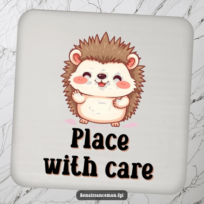 Funny hedgehog photo coasters, set of charming coasters featuring a joyful hedgehog placing a photo, protecting surfaces with gentle humor and sentiment, great gift.