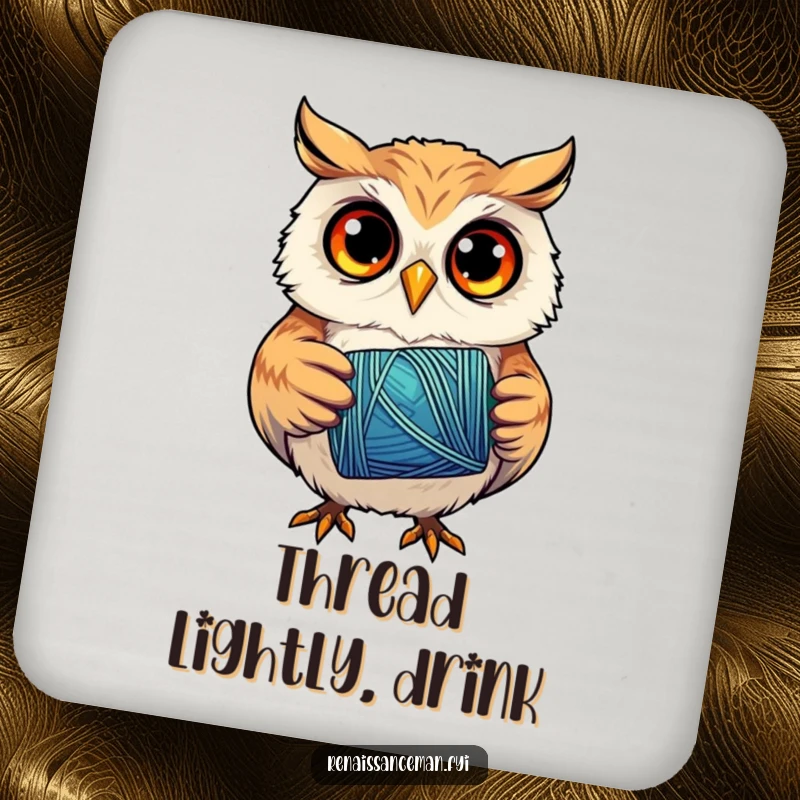 Funny drink coaster with a curious owl holding a vibrant spool of thread, eyes focused, adding a humorous crafting accent.