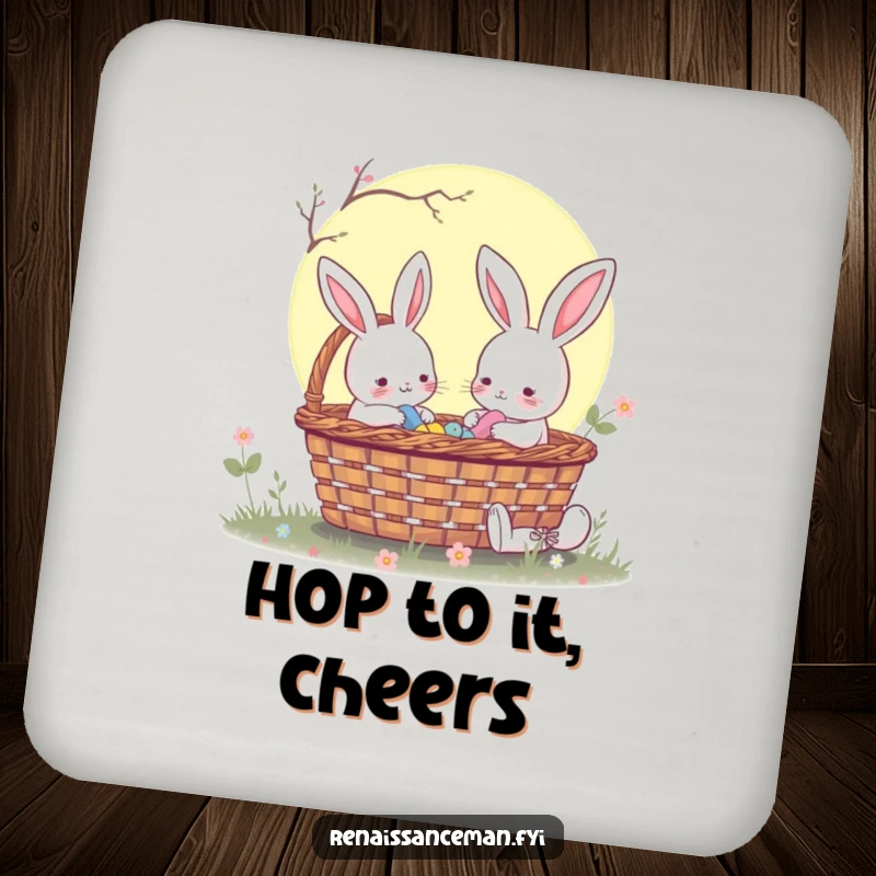 Funny rabbit sharing a moonlit picnic basket, a set of charming coasters that bring nighttime magic to any surface.