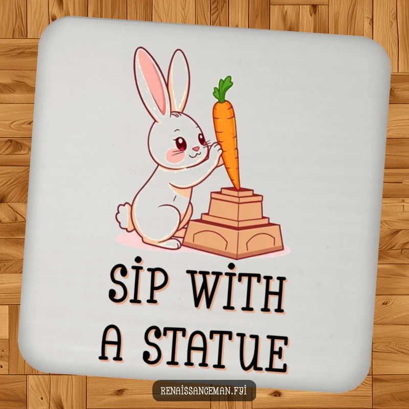Funny drink coasters featuring a clever rabbit sculpting a carrot statue, adding artistic humor to tabletops.