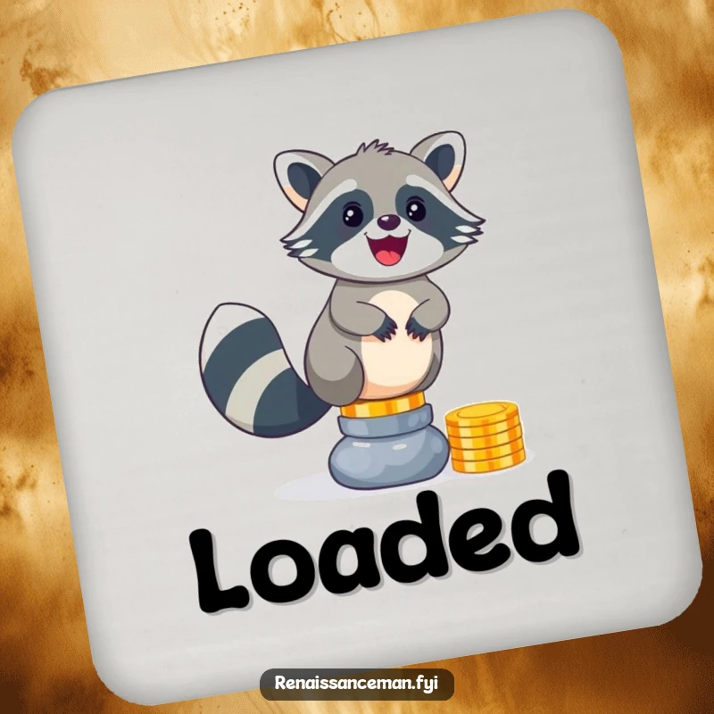 Funny raccoon coin coaster. A delighted raccoon balances a precarious stack of shiny coins, preventing drink rings.