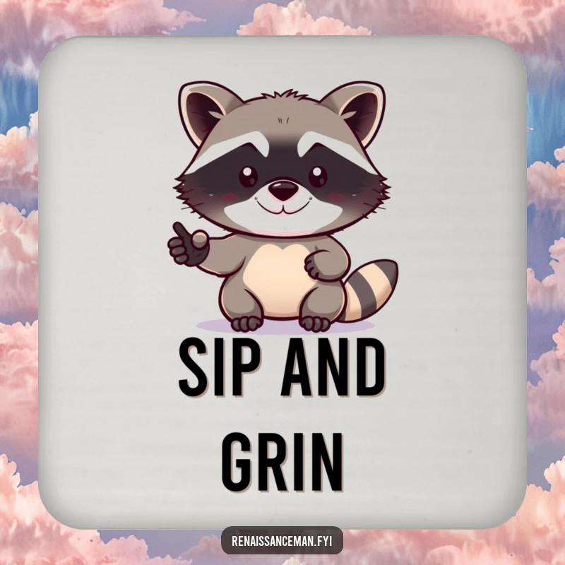 Funny raccoon coaster showing a determined raccoon taking a selfie with a tiny grin, perfect for protecting surfaces humorously.