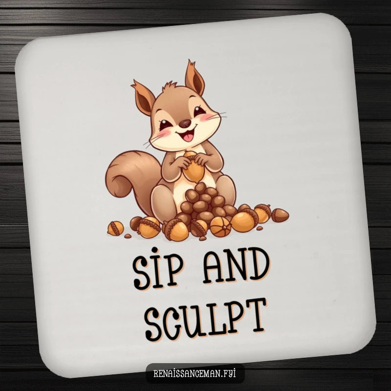 Funny squirrel drink coaster, artistically crafting acorn sculpture, functional decor, protects surfaces from moisture, adds a whimsical touch.