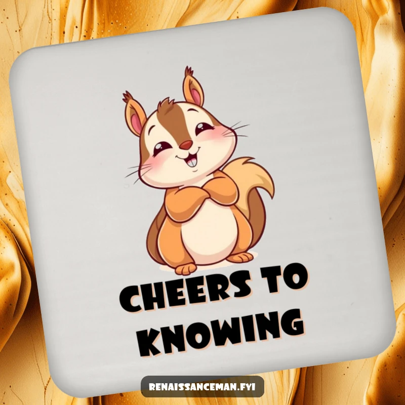 Funny drink coasters featuring a delighted squirrel leaning back, arms crossed, with a knowing look, adding wit.