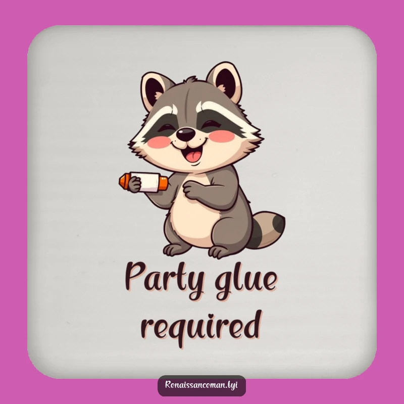Funny Raccoon Crafter Drink Coaster: Giggling Raccoon with Glue Stick, Protect Gift