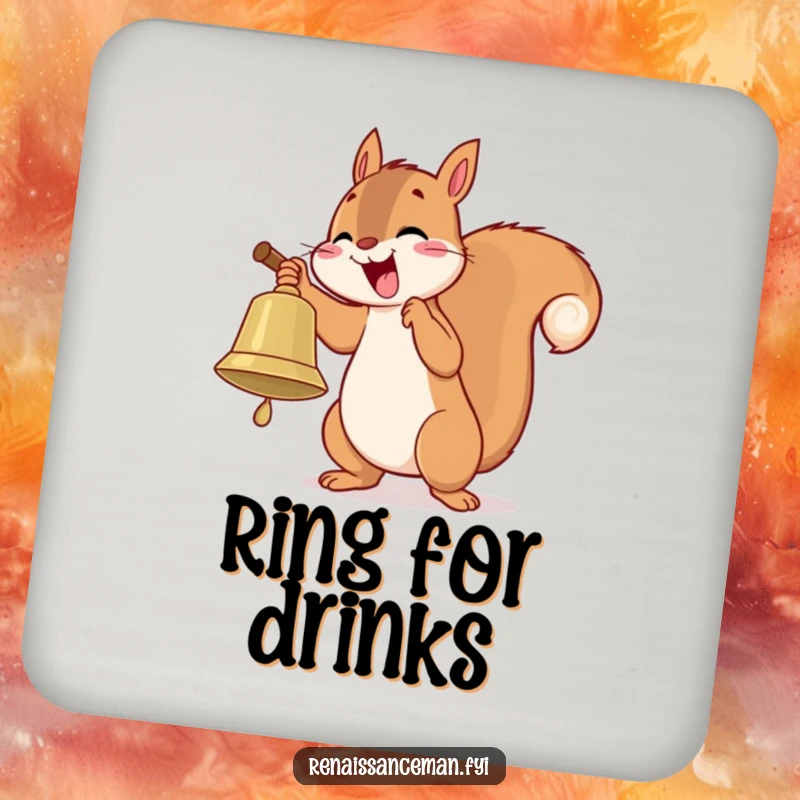 Funny drink coaster with a playful squirrel enthusiastically ringing a large bell with delight, protecting surfaces humorously.