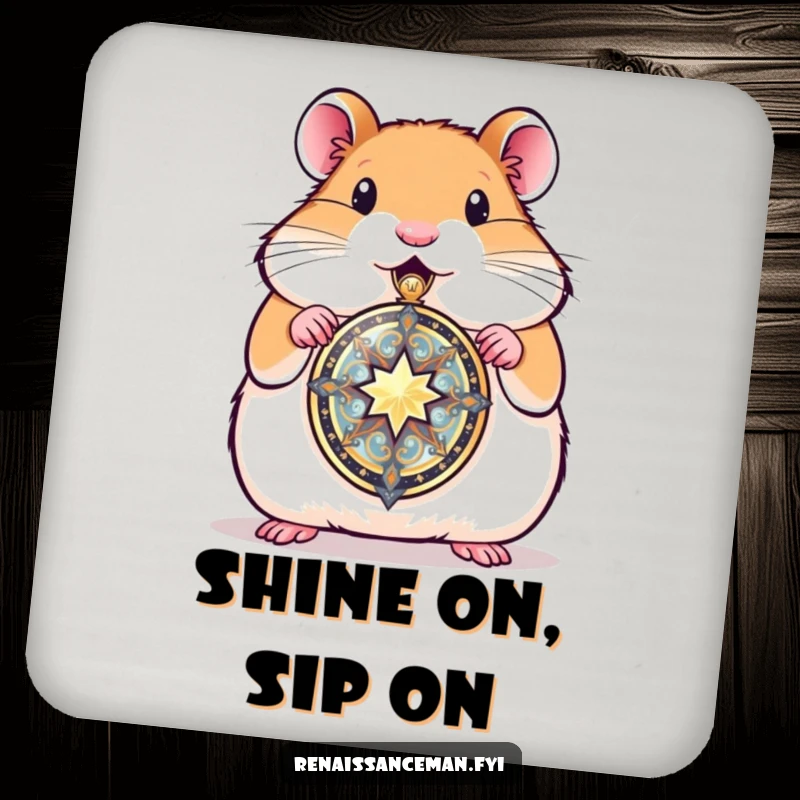 Funny hamster presenting a beautifully crafted locket, a coaster set that adds sentimental charm and protection to any surface.