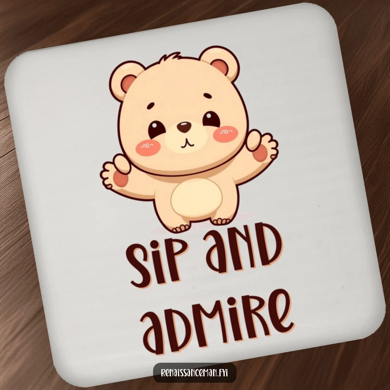 Funny bear layout coasters, set of coasters featuring a proud bear showcasing a finished design, protecting surfaces with humor and a sense of accomplishment, great gift.