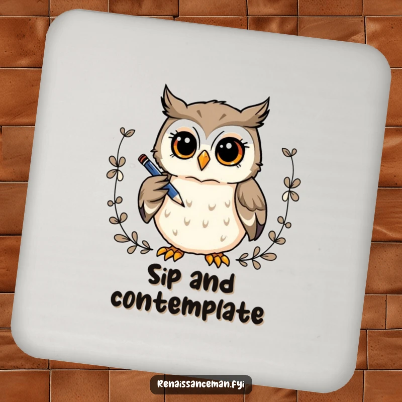 Funny drink coaster: A curious owl thoughtfully draws a decorative border, adding artistic flair to any surface.
