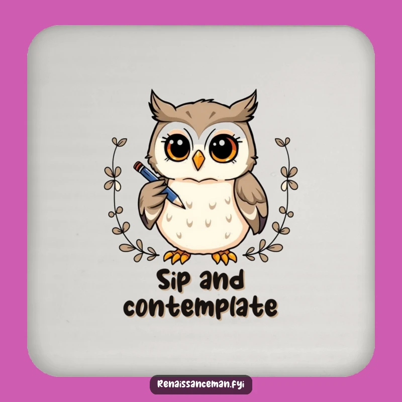 Funny Owl Artist Drink Coaster: Curious Owl Draws Border, Protect Surfaces Gift