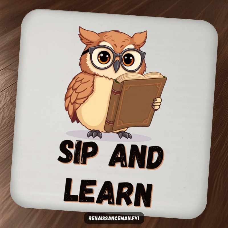 Funny owl drink coaster, wearing spectacles, reading a large ancient book, protects surfaces, adds a touch of scholarly decor.