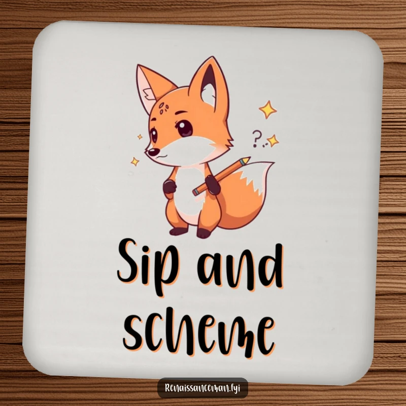 Funny fox sketch coasters, set of coasters featuring a determined fox sketching an idea, protecting surfaces with creative humor and confidence, great gift.