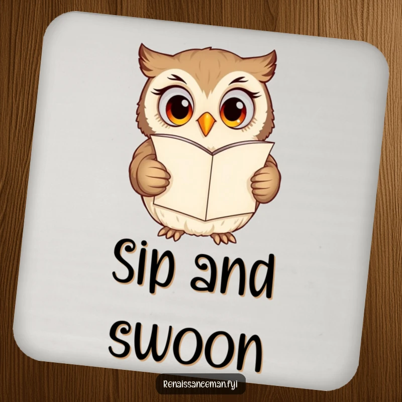Funny owl coaster, curious owl with wide eyes reading a romantic love letter, protective table accessory.