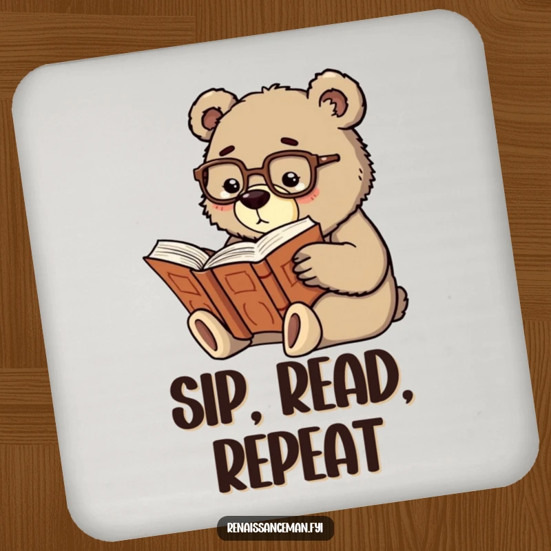Funny scholarly bear with spectacles reading a large book, depicted on a protective and wise drink coaster.