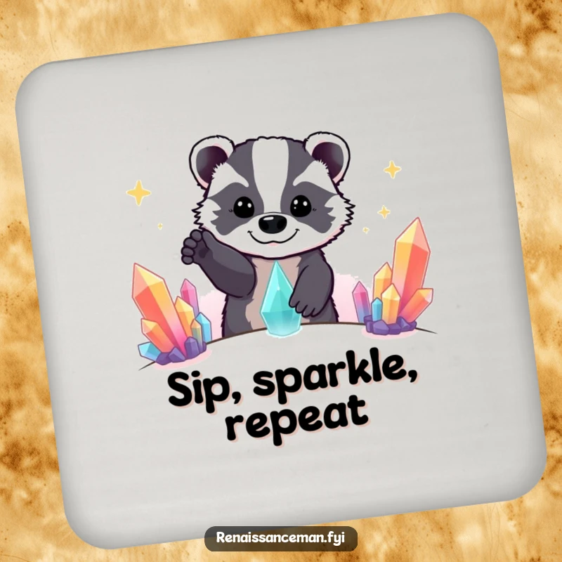 Funny Beaming Badger Reaching for Distant Colorful Crystal Formation, Humorous Drink Coaster Set.