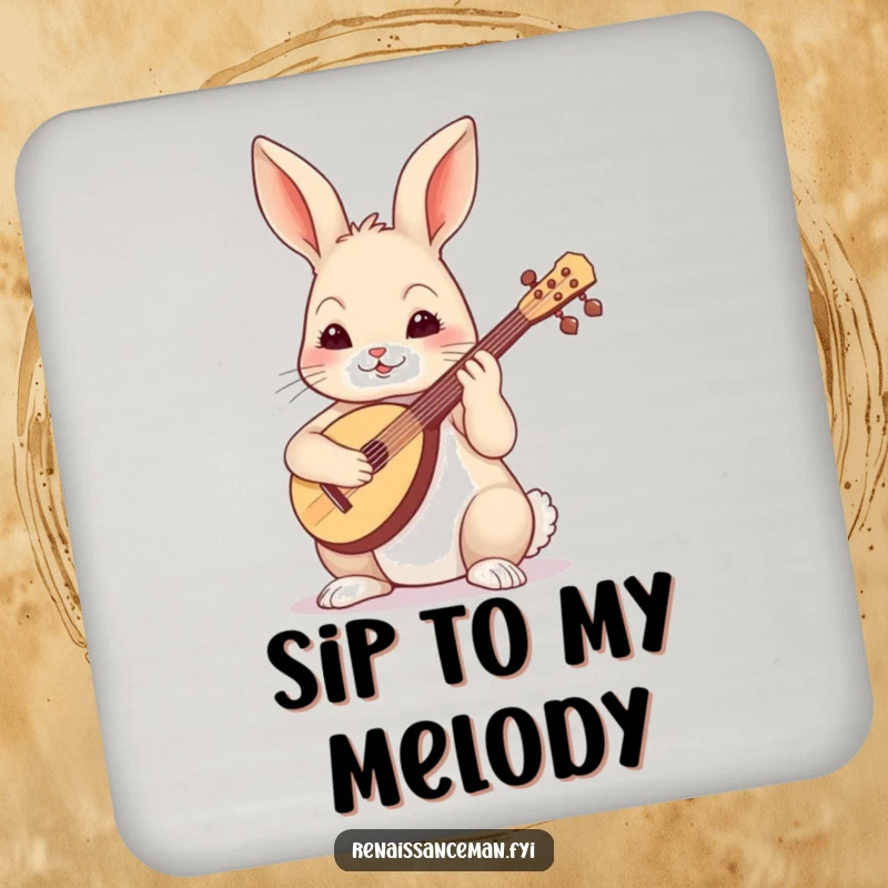 Funny skilled rabbit playing a lute with focus, depicted on a protective and musical drink coaster.