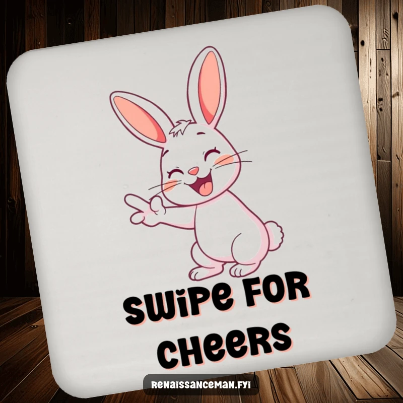 Funny rabbit drink coaster depicting a cheerful rabbit with a playful grin swiping left.