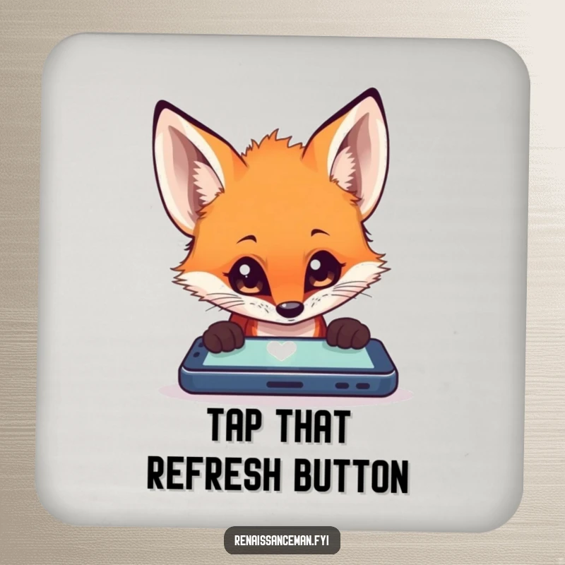 Funny fox deeply focused on a mobile device screen, designed as a humorous drink coaster.