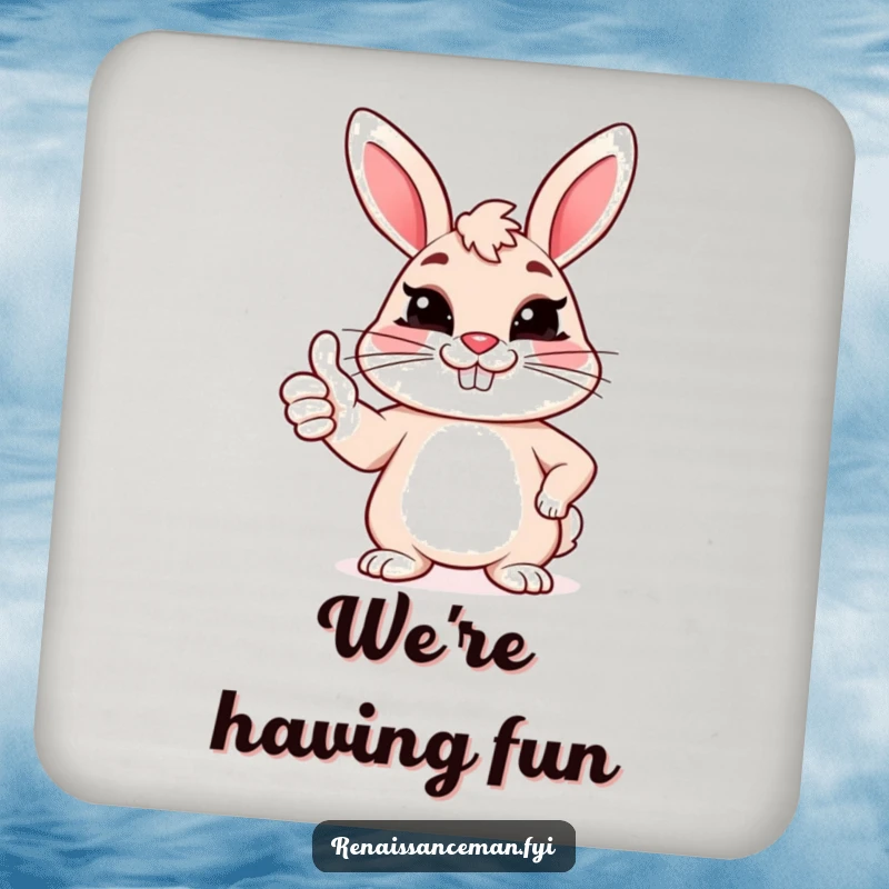 Funny drink coasters featuring a cheerful bunny giving a sarcastic thumbs up with a forced grin, adding wit.