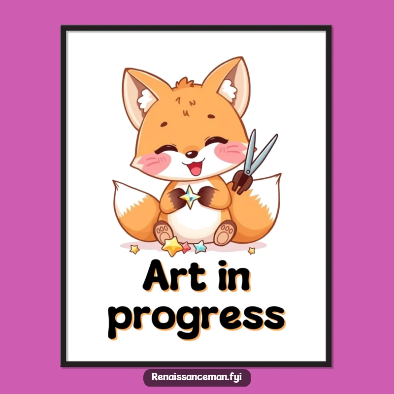 Funny Fox Crafting Poster: Delighted Fox Cutting Shiny Embellishments, Whimsical Art Gift