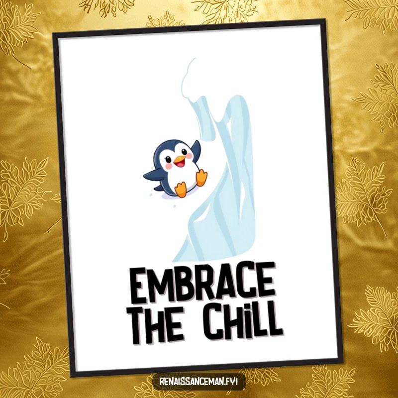 Funny Adventurous Penguin Sliding Joyfully Down a Steep Icy Wall, Humorous Wall Art Poster.