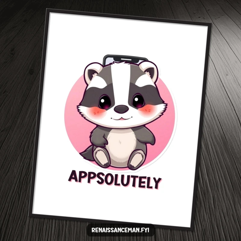 Funny beaming badger focused on a phone screen, swiping through apps. Tech-themed funny wall art.