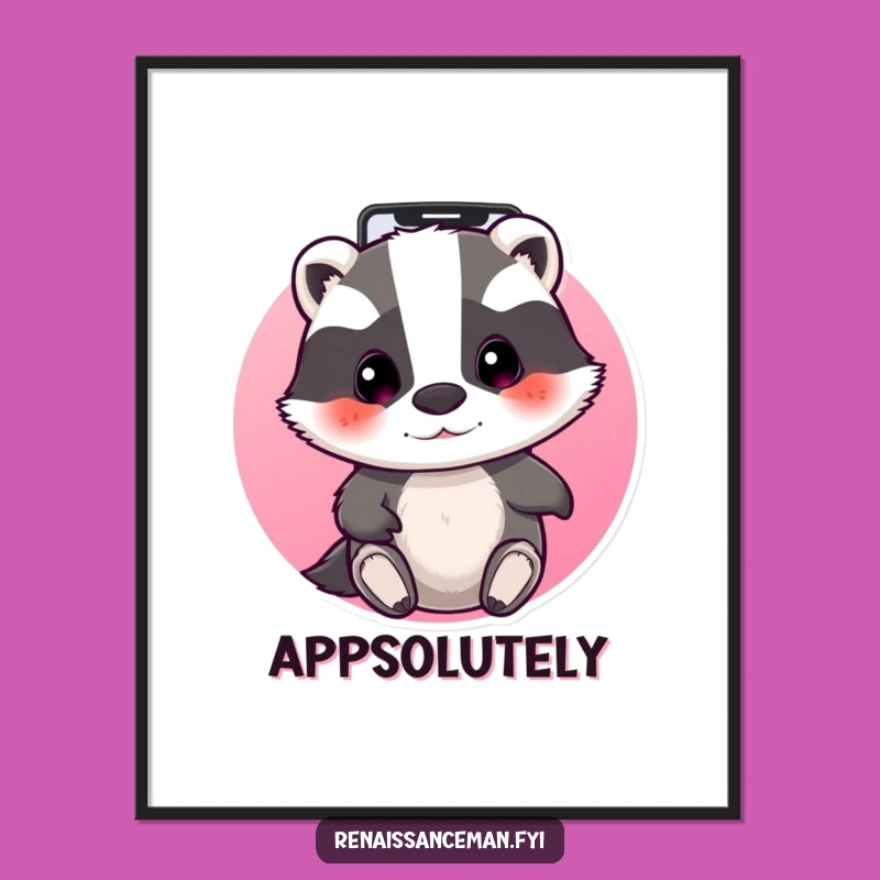 Funny Badger Techie Poster: Beaming badger navigating apps, a perfect funny tech gift.