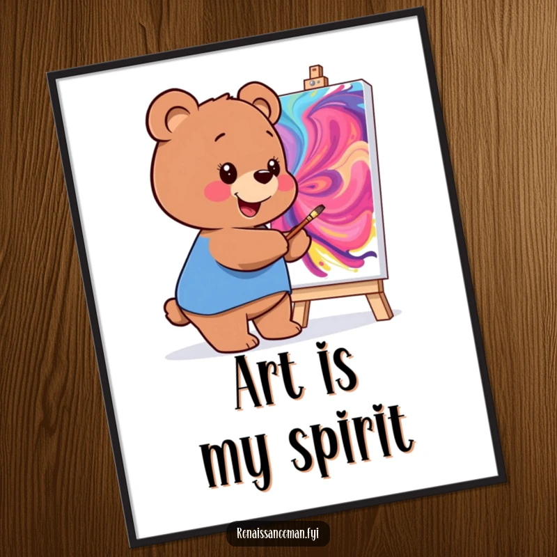 Funny poster displaying a smiling bear artist painting a colorful, swirling masterpiece on a large canvas, full of joy.