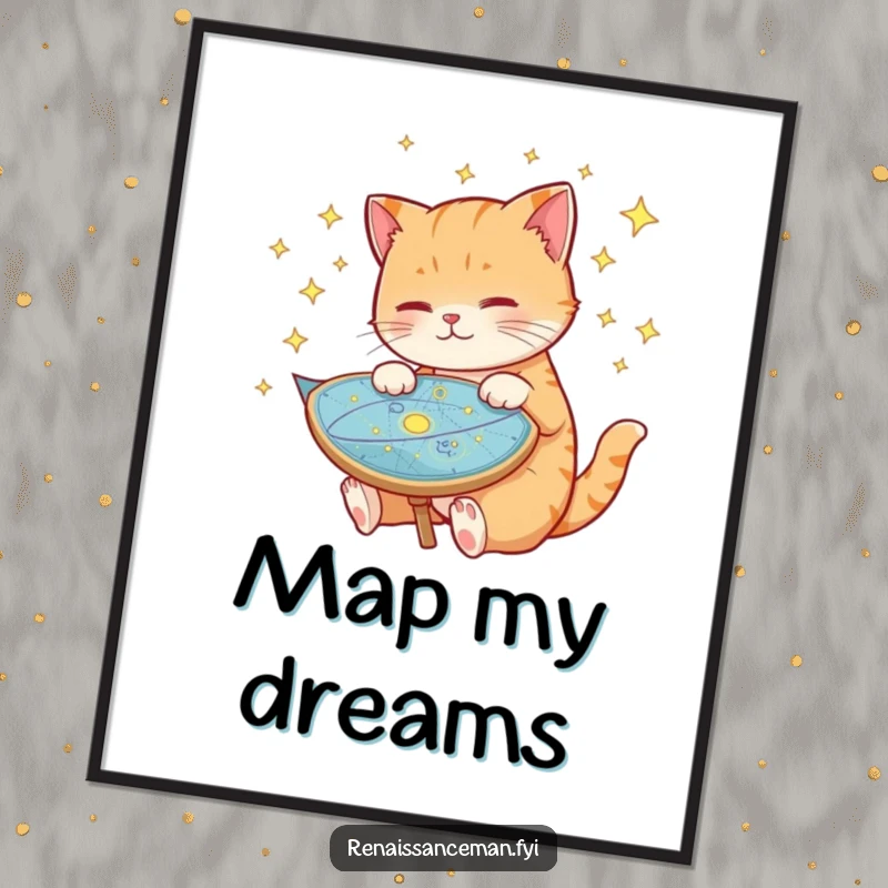 Funny cat poster, intently studying a detailed celestial map filled with stars and galaxies, whimsical and educational wall art.