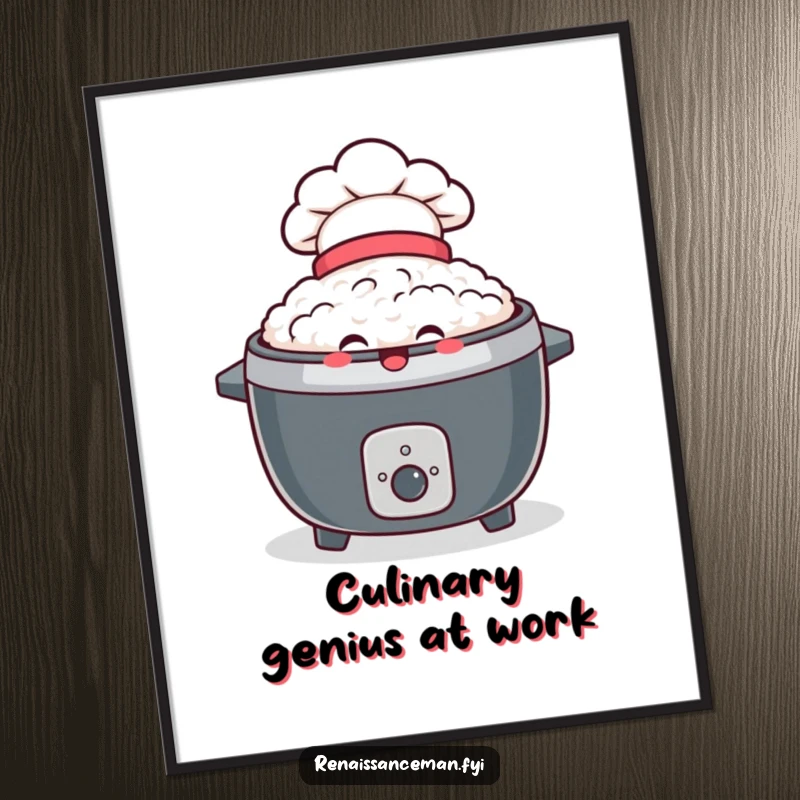 Funny poster showing a delighted rice cooker wearing a tiny chef hat, beaming brightly, ideal for kitchen wall art.