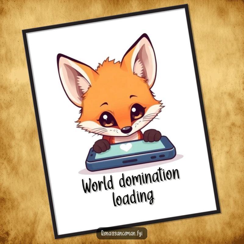 Funny curious fox with mesmerized eyes, captivated by a glowing mobile screen, presented as a vibrant wall poster.