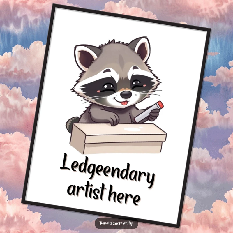 Funny Giggling Raccoon Carefully Placing Chalk on Ledge, Motivational Art, Humorous Wall Decor.