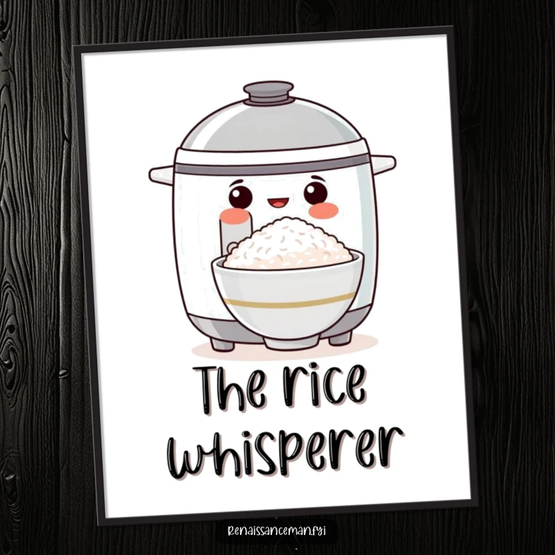 Funny poster showing a proud rice cooker presenting a perfect bowl of rice, bringing humor and kitchen vibes to any wall.