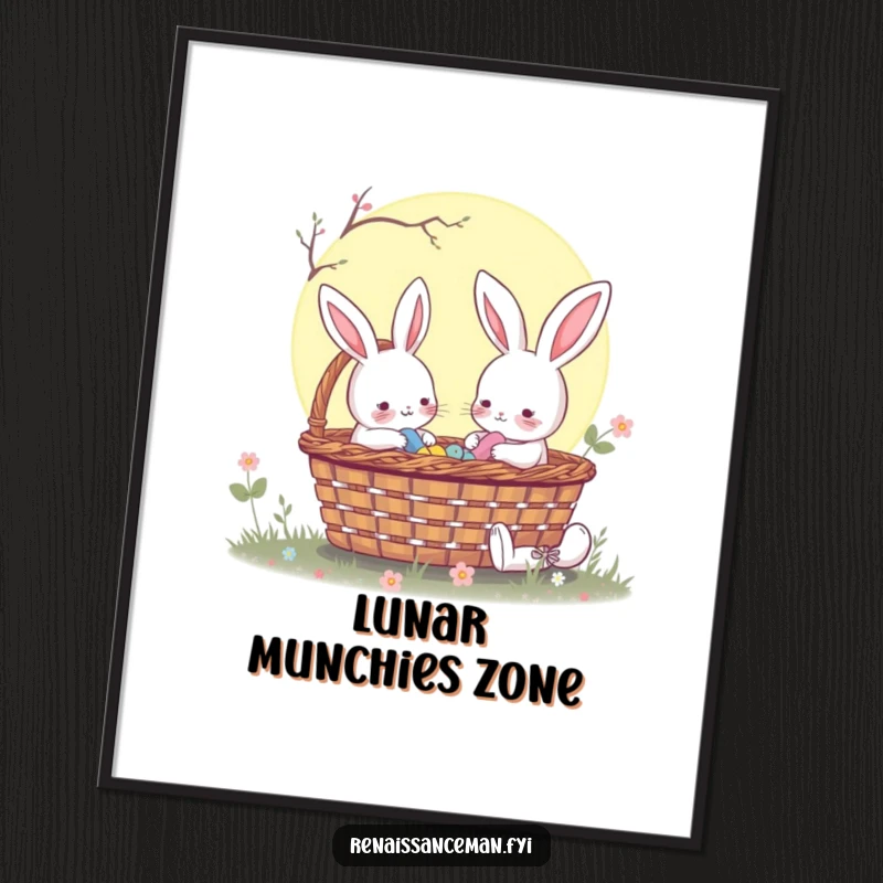 Funny rabbit sharing a moonlit picnic basket, a serene and magical artwork that captures the essence of peaceful nighttime gatherings.