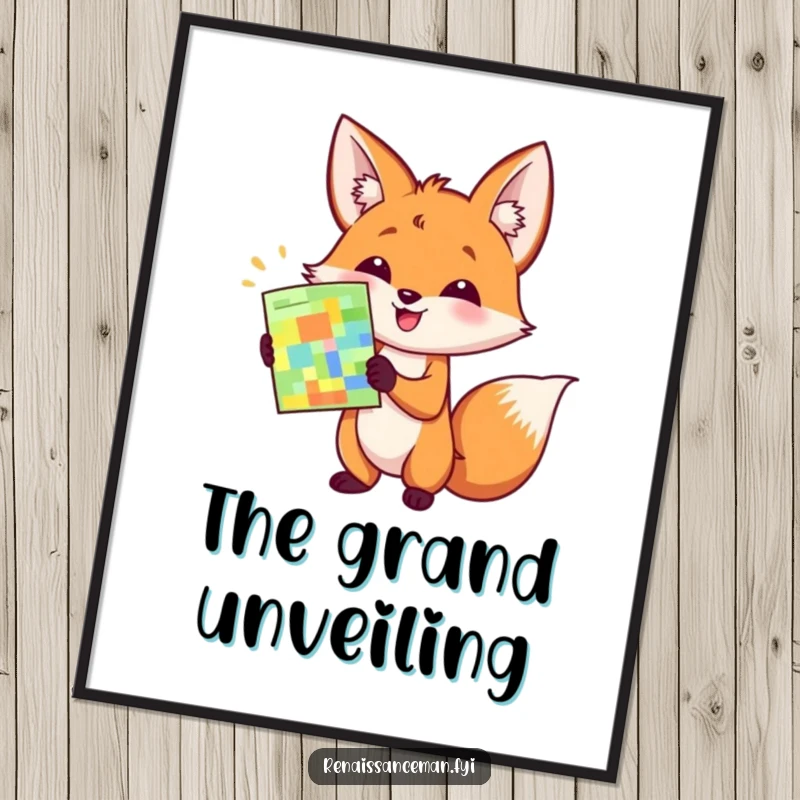 Funny poster of a happy fox enthusiastically presenting a colorful sample with a grand flourish, embodying confidence.
