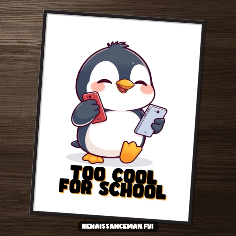 Funny giggling penguin making a hilarious face while holding a smartphone, presented as a vibrant wall poster.