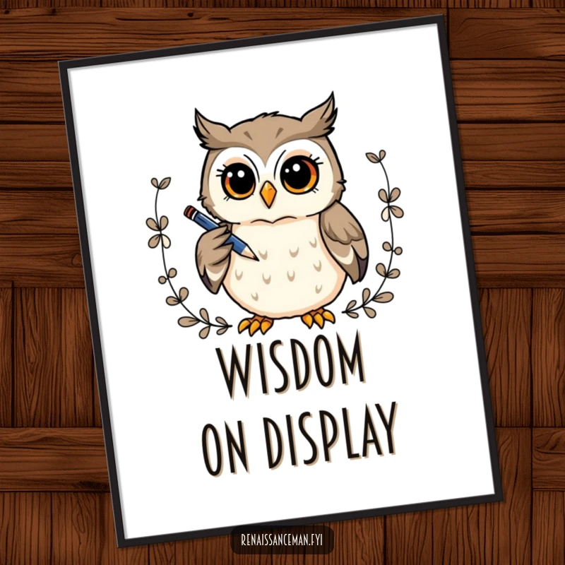 Funny poster: A curious owl uses a pen to draw a decorative border, showcasing artistic precision and wisdom.