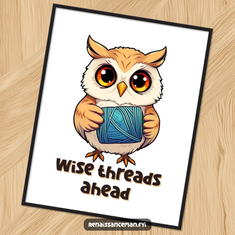 Funny poster featuring a curious owl with laser focus, holding a spool of colorful thread, representing the art of sewing.