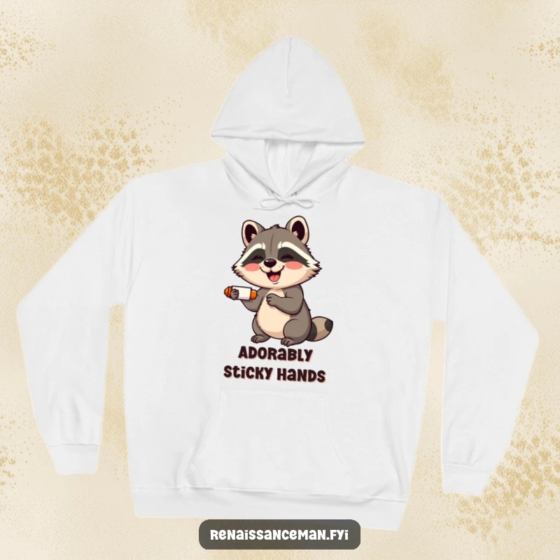 Funny hoodie: A giggling raccoon with a wide smile adorably uses a glue stick, radiating happiness.