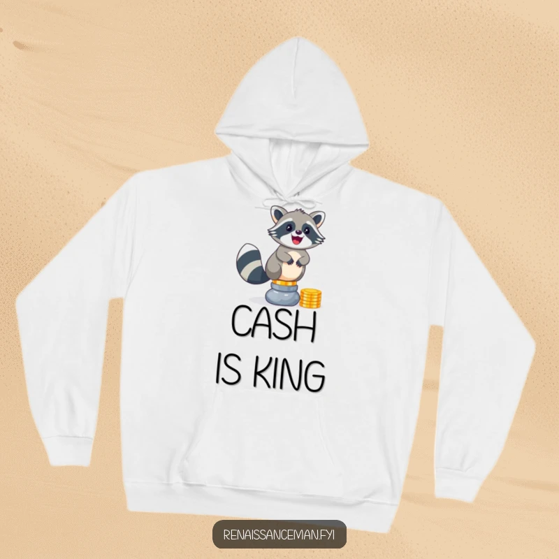 Funny raccoon hoodie design. A delighted, bushy-tailed creature precariously balances a massive pile of glittering coins, radiating pure joy.