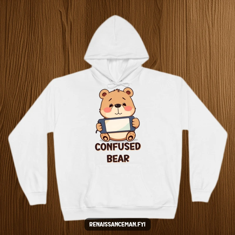 Funny playful bear holding a smartphone upside down, with a confused smile. Warm and funny hoodie.