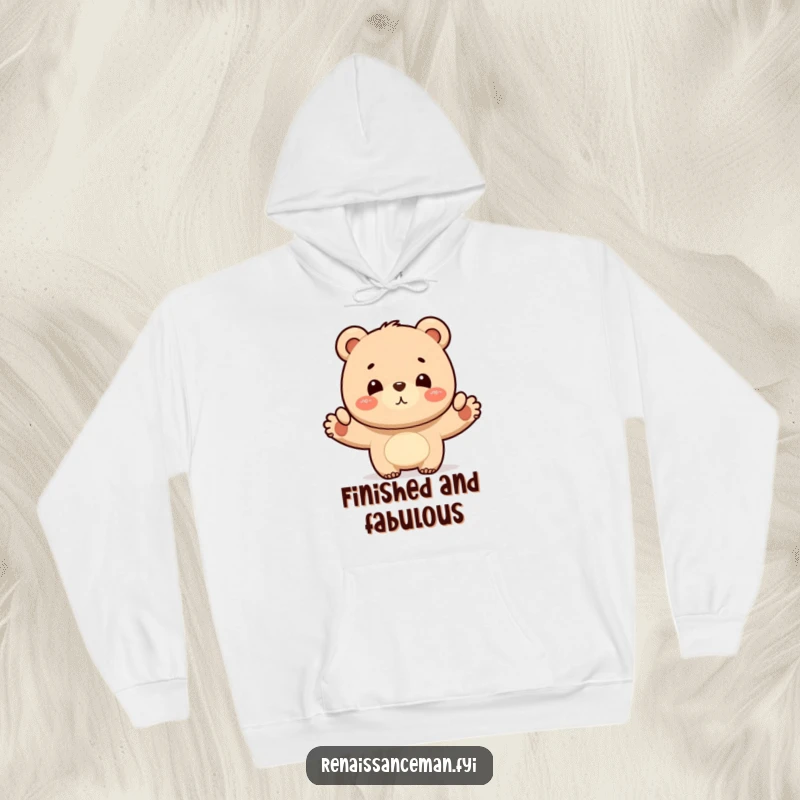 Funny bear layout hoodie, a warm and comfortable garment featuring a proud bear’s satisfied nod over a finished design, perfect for achievers and as a gift.