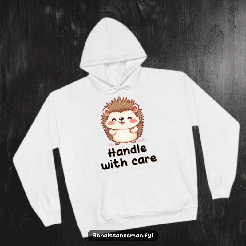 Funny hedgehog photo hoodie, a cozy garment featuring a joyful hedgehog placing a photo with care, perfect for sentimental comfort and as a humorous gift.