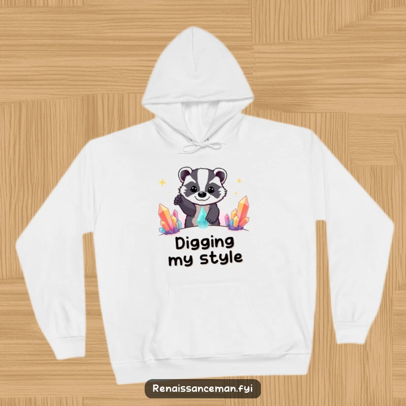 Funny Beaming Badger Reaching for a Distant Colorful Crystal Formation, Cozy Hoodie for Adventurers.