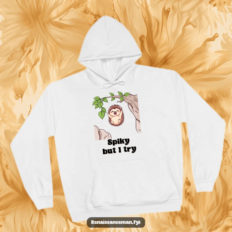 Funny Delighted Hedgehog Dangling from a Vine Above a Cliff, Warm Hoodie for Adventurers, Humorous Comfort.