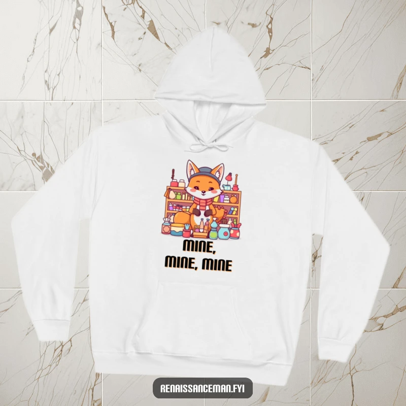 Funny fox hoodie. A proud fox stands confidently behind a large display of merchandise, radiating success.
